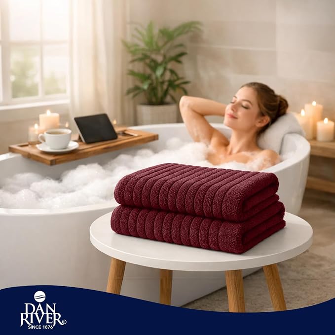 DAN RIVER Pack of 2 Bath Sheet 35x70 Inches, Ribbed Jumbo Bath Towels, Soft and Absorbent Extra Large Towels - Pomegranate
