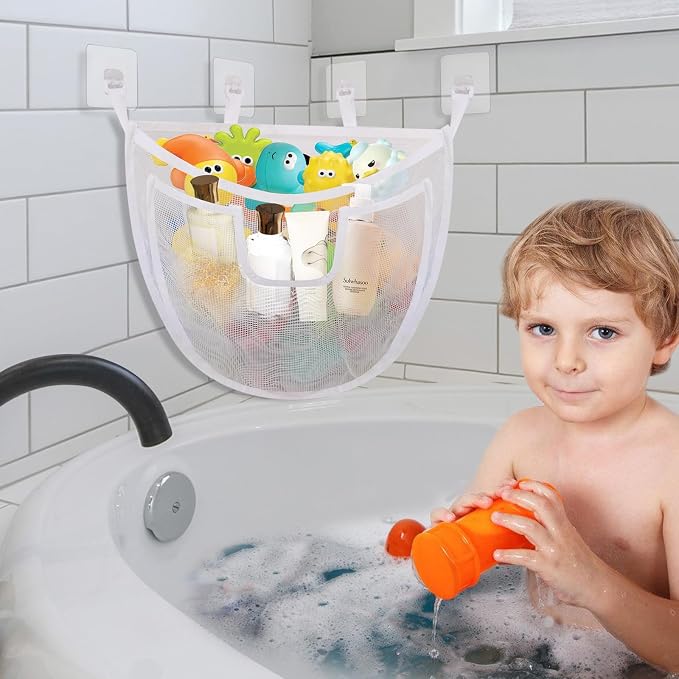 Bath Toy Storage, Large Capacity Bath Toy Holder with Bottom Zipper, Quick Release Bathtub Toy Storage with Large Pocket, Corner Mesh Bath Toy Organizer Basket Bin for Bathroom Toys - White