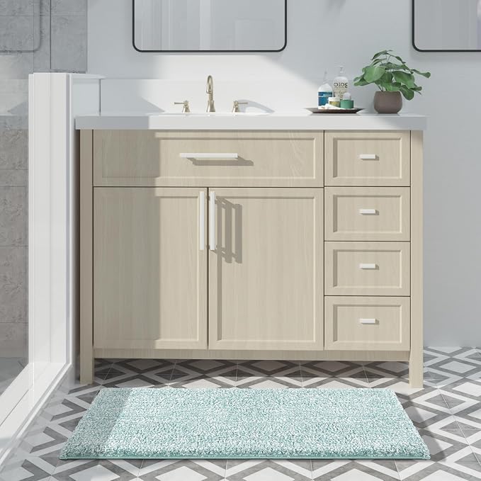 Yimobra Cushioned Anti-Fatigue Bathroom Rug, Bath Mat Non Slip Washable, Dense Soft Microfiber for Bathroom Sink, Shower, Tired Feet Comfort, Absorbent, 36" X 24", Light Blue and White
