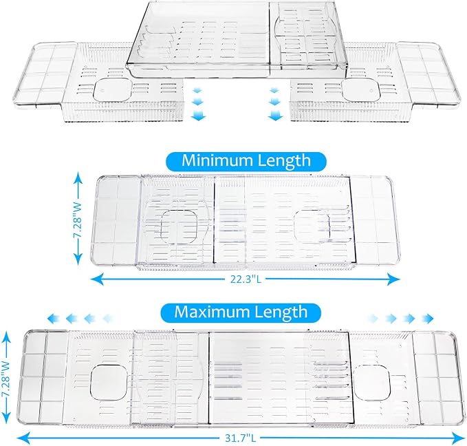 Expandable Bathtub Tray for Tub, Clear Acrylic Bath Caddy with Anti-Slip Design, Waterproof Bathroom Storage, Bath Organizer for Women, Fits Most Tubs up to 31.7" Ideal for Women and Adults