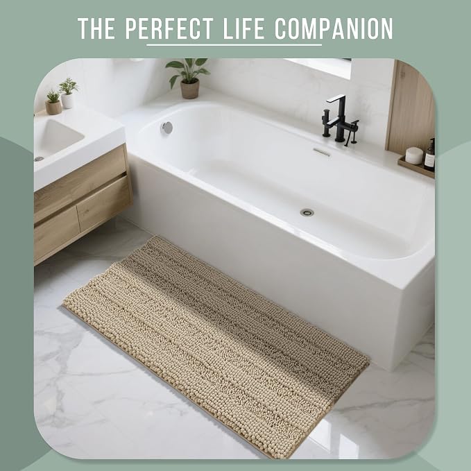 Yimobra Bathroom Rug Mat 47 x 24, Non Slip and Super Absorbent Bath Mat,Machine Washable Quick Dry,Ultra Plush Chenille Shower Rugs for Bathroom Floor Sink Tub and Shower Outside,Camel