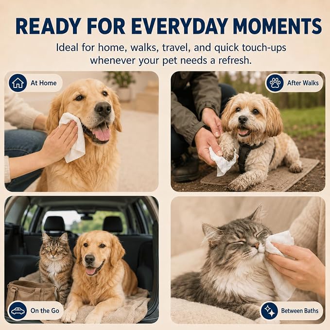 Dog Wipes for Paws and Butt, Unscented, 100 Count | 8" x 8" hypoallergenic, hydrating pet grooming wipes for dogs and cats, unscented for daily care