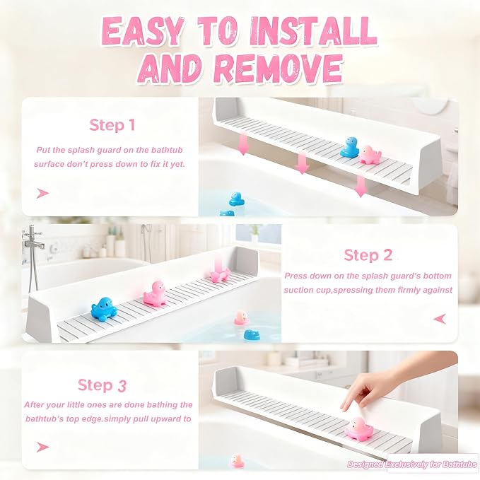 Longer Bath Tub Splash Guard for Kids,Silicone Bath Toy Holder for Bathtub,Prevent Water Spills in Bathroom,Fun-Filled Bath Time for Toddlers Including Bath Brush and Toy Storage Bag (Grey)