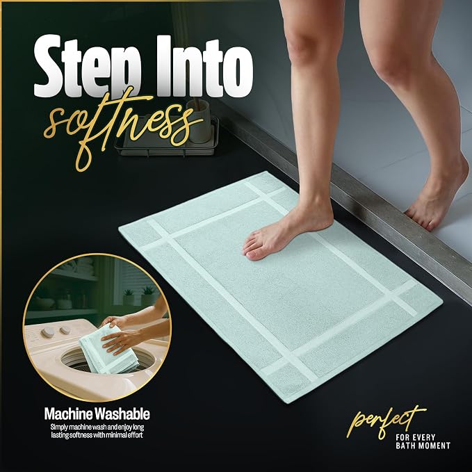 Pearl Linens Pack of 2 100% Cotton Bath Mat 18x25 inches, Soft & Absorbent Quick Dry Bathroom Mat Set, Not Bathroom Rugs, After Shower Mat, Bath Tub Mat, 781 GSM, Machine Washable, Mint Green