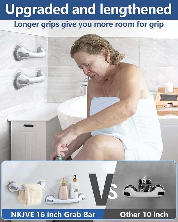 2 Pack 16.2” Grab Bars for Bathtubs and Showers, Shower Handles for Elderly Suction Cup Grab Bars for Shower Wall Heavy Duty, Safety Grab Bar for Seniors Suction Bathroom, No Drilling