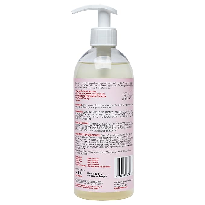 Dr. Natural 3-in-1 Tear-Free Baby Plus Kids Soap - Head-to-Toe Baby Soap and Shampoo - Sensitive Skin Moisturizing Body Wash - Rosewater - 16 oz.