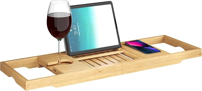 Bamboo Bathtub Caddy Tray with Extending Wood Sides -Fits Any Bath, Hot Tub and Jacuzzi