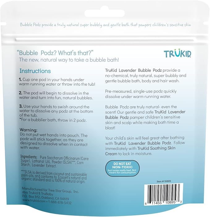 TruKid Bubble Podz Bubble Bath for Kids, Toddlers, & Babies, Tear Free Gentle & Refreshing Bath Bomb for Sensitive Skin with Natural Moisturizers, Non-Toxic, pH Balanced, Lavender Scent (10 Podz)