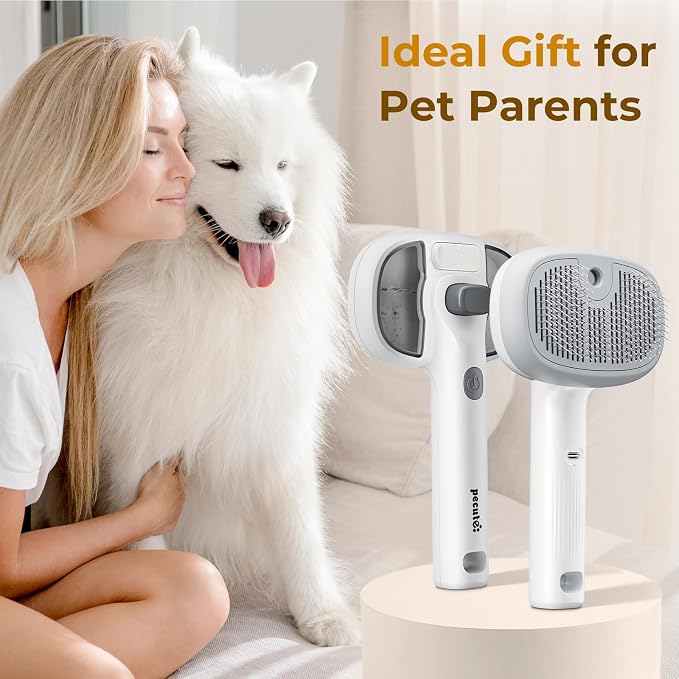 Pecute Self-Cleaning Steam Dog Cat Brush for Heavy Shedding/Long Coats | Gentle, Undercoat removal & smoothing, Shedding control, For water-anxious pets, 2 cool mist modes, XL tank, 240-min runtime