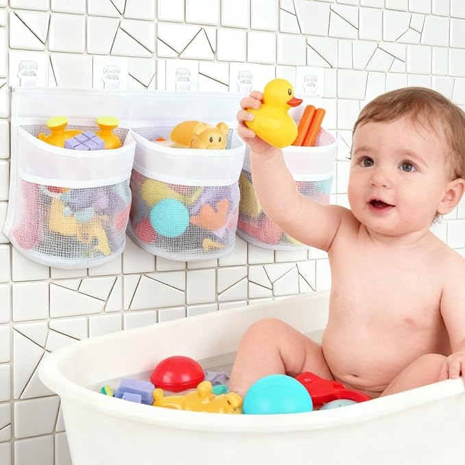 Bath Toy Storage Organizer, Multi-Use Mesh Net for Bathtub Toys, Shower Toy Holder Basket, Fits for Bathroom Wall, Shower Area, Tub Side and Poolside, Fast Draining, White
