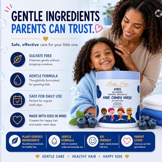BABY HAIR Kids Blueberry Mineral Hair Candy Mask | Deep Conditioning Hair Mask for Kids | Moisturizes, Softens & Helps Detangle | Sulfate Free | 10 fl oz