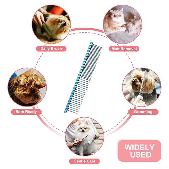 Dog Cat Comb, Pet Combs Stainless Steel Teeth with Rounded Ends for Knots Mats Loose Hair Removal, 6.5IN (Blue Plated, 3 Pack), Grooming Tool Intended for Long Curly Hair Pet
