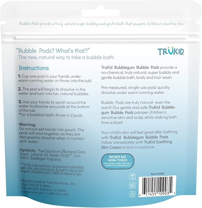 TruKid Bubble Podz Bubble Bath for Kids, Toddlers, & Babies, Tear Free Gentle & Refreshing Bath Bomb for Sensitive Skin with Natural Moisturizers, Non-Toxic, pH Balanced, Bubble Gum Scent (10 Podz)