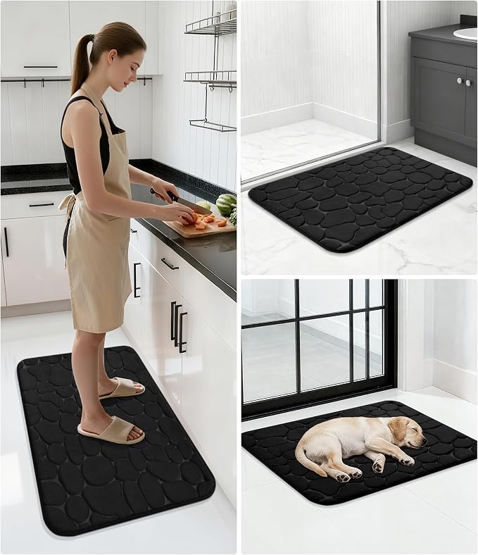YIHOUSE Memory Foam Runner Rug, Cobblestone Bathroom Runner Rugs Super Water Absorbent Bath Mats for Bathroom Machine Washable Bath Rugs for Hallway Bedroom Laundry Room(26 x 50,Black)