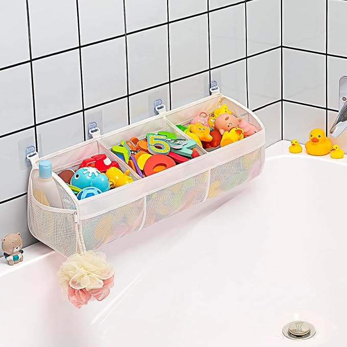 Bath Toy Storage Organizer for Tub โ 3 Compartment Bath Toy Organizer, Large Quick-Drying Mesh Bath Toy Holder, Bathroom Toy Storage for Kids, Toddler & Baby Bathtub Toy Organizer with Strong Hooks