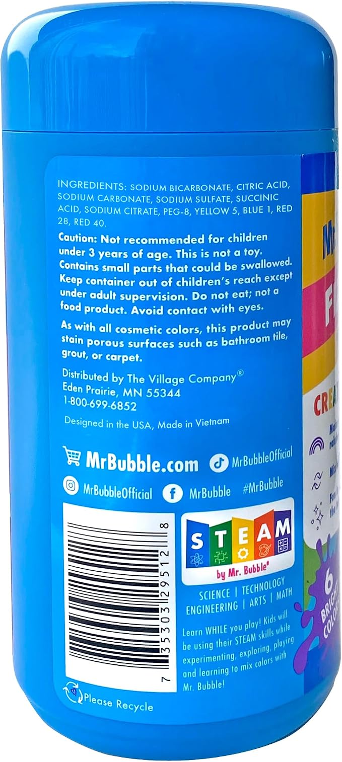 Mr. Bubble Fizzy Tub Colors Bath Water Coloring Tabelets, 6 Bright Colors, Red, Orange, Yellow, Purple, Blue and Green, Fragrance Free, Cap Makes Colorful Waterfall (3 Jars, 450 Tablets)