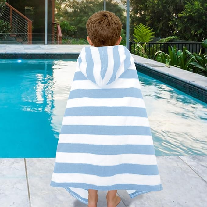 VOOVA & MOVAS Hooded Bath Towels for Toddler 0-3T, 25''X40, Soft | Thick | 100% Cotton | Absorbent Towel Wrap for Baby Boy, Perfect for Beach, Pool, Bath, Swimming,Light Blue Stripe