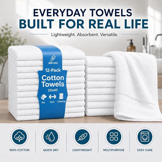 JMR Bulk-Friendly Essentials - Practical Cotton Towels - Economical 22" by 44" Multi-Purpose Towel - Absorbent, Quick-Drying, Soft, Lightweight - Ideal for Pool, Gym, Spa (White) - 72 Pack