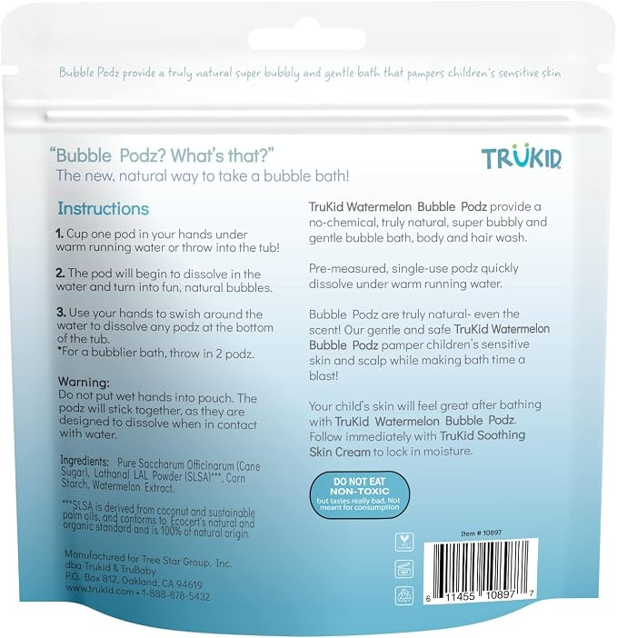 TruKid Bubble Podz Bubble Bath for Kids, Toddlers, & Babies, Tear Free Gentle & Refreshing Bath Bomb for Sensitive Skin with Natural Moisturizers, Non-Toxic, pH Balanced, Watermelon Scent (10 Podz)