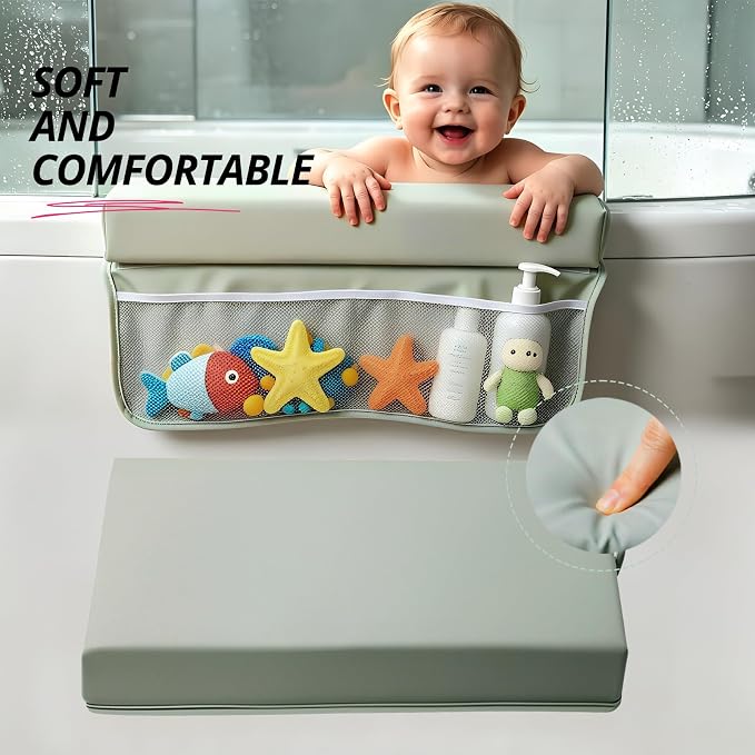 Baby Waterproof Vegan Leather Bath Kneeler and Elbow Rest Pad Set | Thickened Non-Slip Memory Foam Knee & Arm Support Bathtub Mat with Toy Organizer for Infant Toddler Bathing