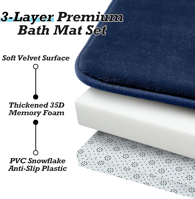 HUXMEYSON Bathroom Rugs Sets 2 Piece, Non-Slip & Quick Dry Bath Mat Set, Ultra Soft Velvet Bath Rugs for Bathroom, Toilet and Shower Floor, Navy