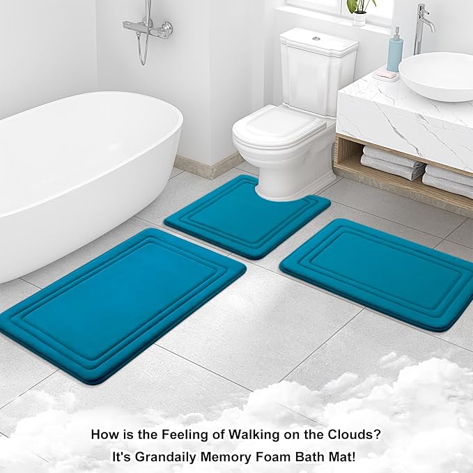 Grandaily Memory Foam Bath Mat Rug 24x16, Ultra Soft, Non-Slip and Absorbent Bathroom Rugs, Machine Wash Dry, Comfortable Bath Carpet for Bathroom Floor, Tub and Shower, Peacock Blue