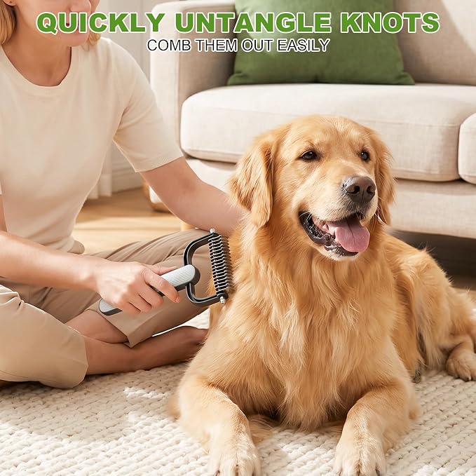 2026 New Double-Sided Dematting Comb for Dogs & Cats, Pet Grooming Tool for Long Haired Thick Double Coat Pets, Undercoat Rake Deshedding Brush for Tangles Matted Shedding Fur, Green-L-1Pcs
