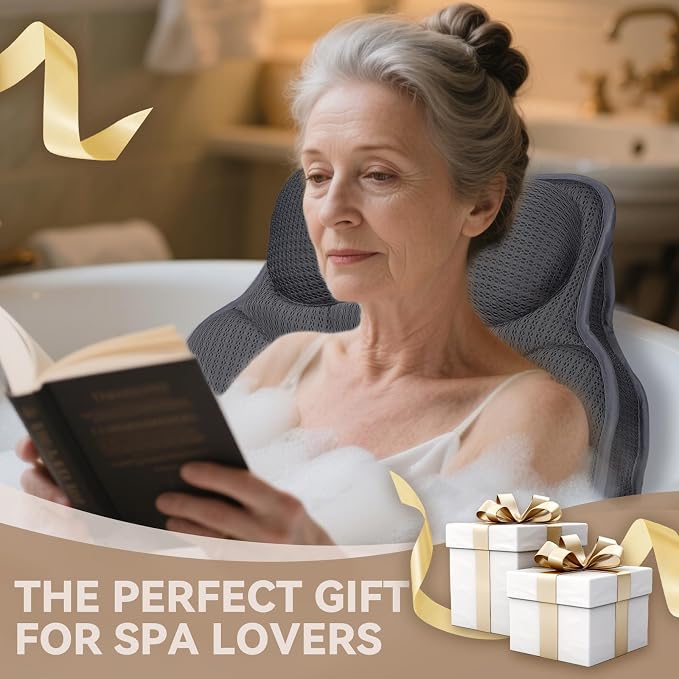 Bath Pillows for Tub, Luxury Bathtub Pillow Neck, Head, Back Support, Soft 5D Mesh Fabric and Non-Slip Suction Cups & Quick Dry, Fits All Tubs, Bath Soaking Accessories Spa Gifts, Grey