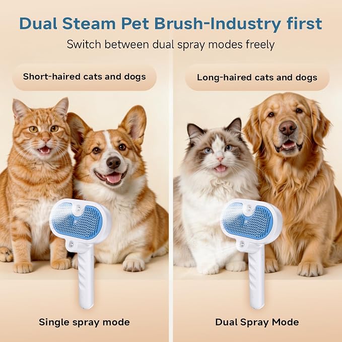 Pet Steam Brush for Dogs & Cats with Dual Cool Mist Spray | Cat Brush for Shedding, Self-Cleaning Grooming Tool, Hair Remover, Anti-Static, Skin-Safe for Long-Haired Dogs & Cats