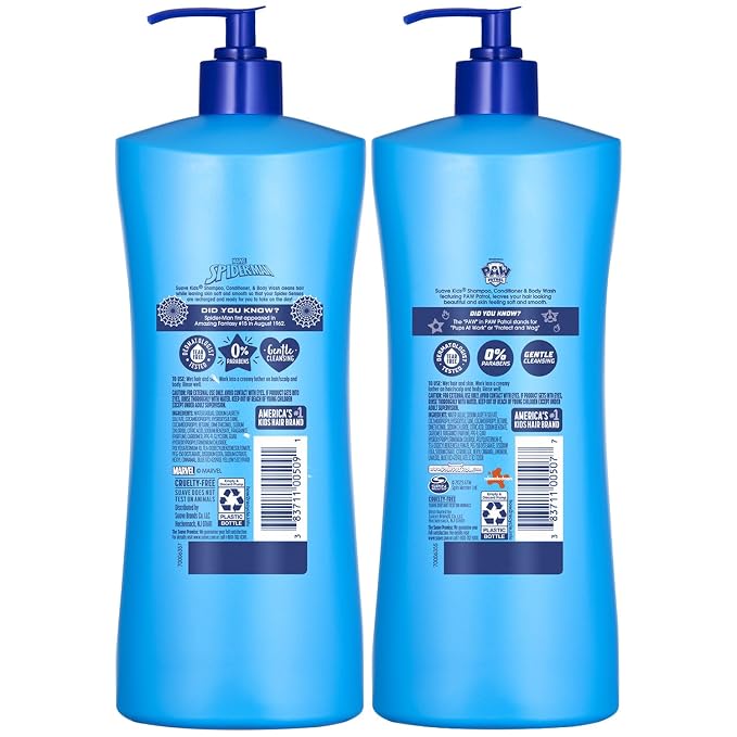 Suave Kids 3-in-1 Variety 2-Pack – Spiderman Fresh Spider-Sense & Paw Patrol Adventure Bay Breeze, Shampoo, Conditioner & Body Wash, 28 Oz Ea