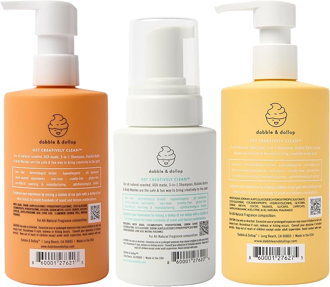 Dabble & Dollop Sunshine Kids 3-in-1 Body Wash, Shampoo & Bubble Bath Variety Set – Tangerine, Lemon & Vanilla, Tear-Free, Gentle, Hypoallergenic and Safe for Sensitive Skin (Pack of 3)