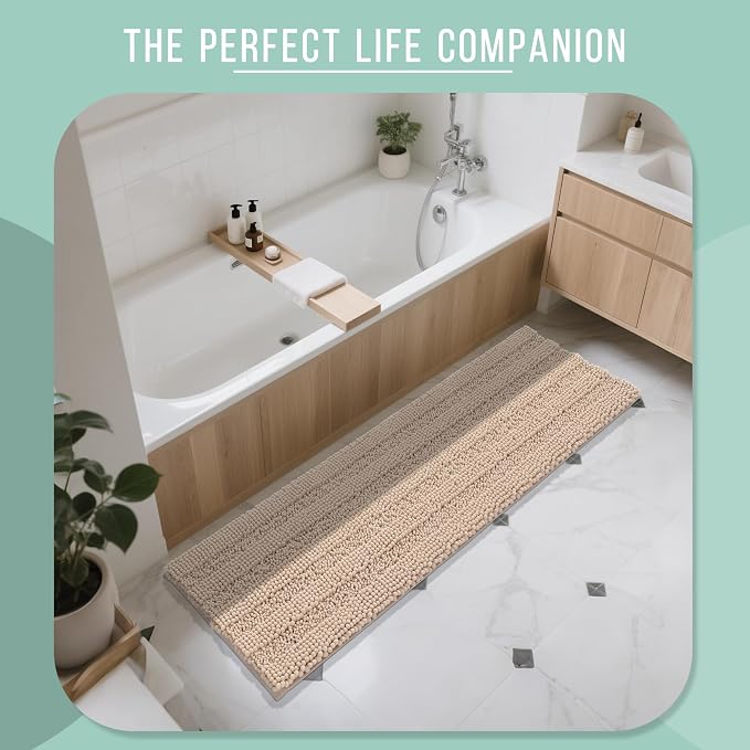 Yimobra Chenille Extra Long Bathroom Runner Rug 70 x 24, Ideal for Large and Master Bathrooms, Tub-to-Vanity Use and Long Walkways, Non-Slip Super Absorbent Quick Dry, Ultra Plush Bath Runner, Beige