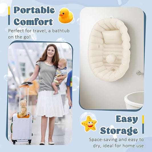 Inflatable Baby Bathtub, Collapsible Baby Bath Back Support, Portable Newborn Travel Bath tub with Drain Hole, Foldable Baby Bath Tubs for Infant to Toddler 0-24 Months (White)