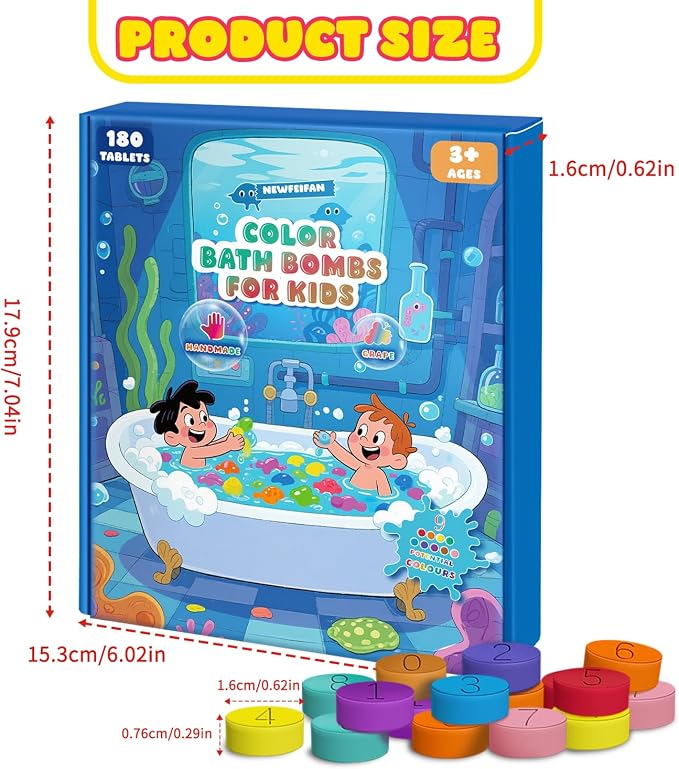Bath Bombs for Kids, STEM 180 Mini Color Tablets in 9 Bright Colors for Creative Bathtub Art Bath Toys Fun Colorful Bath Scientific Experiment Gifts for Boys Girls 3-12