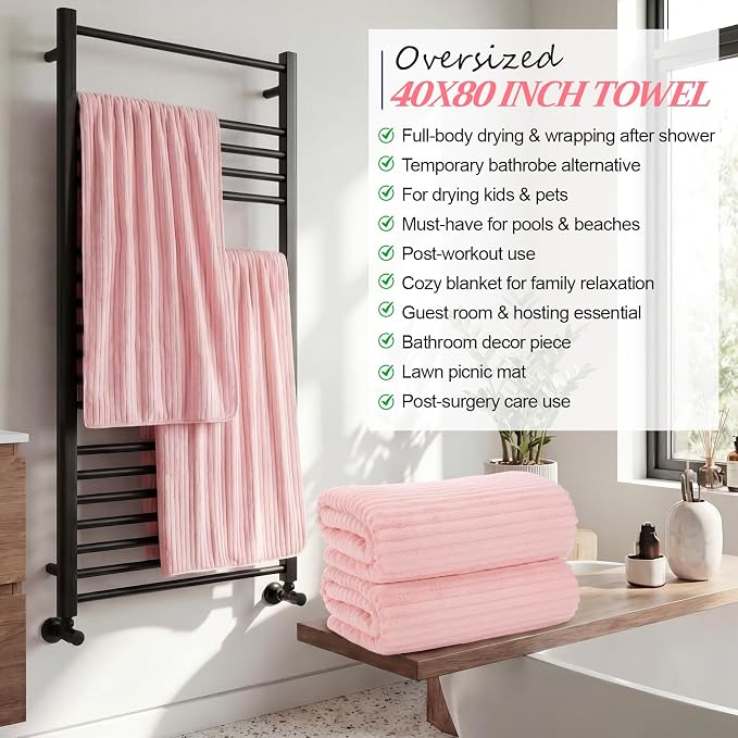 4 Pcs Extra Large Bath Towel Set 40x80'' Oversized Bath Sheet for Adult Microfiber Quick Dry Fluffy Absorbent Blanket with Hanging Loop for Pool Gym Body Shower(Pink)