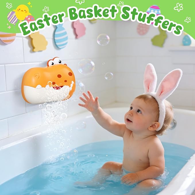 Baby Bath Toys for Kids Ages 1-3 4-8, Rechargeable Dinosaur Bath Bubble Machine with Music for Toddlers, Baby Bathtub Toys, Easter Basket Stuffers, Bath Bubble Maker for Toddlers Kids Boys Girls