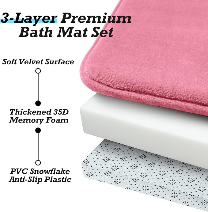 HUXMEYSON Bathroom Rugs Sets 2 Piece, Non-Slip & Quick Dry Bath Mat Set, Ultra Soft Velvet Bath Rugs for Bathroom, Toilet and Shower Floor, Pink