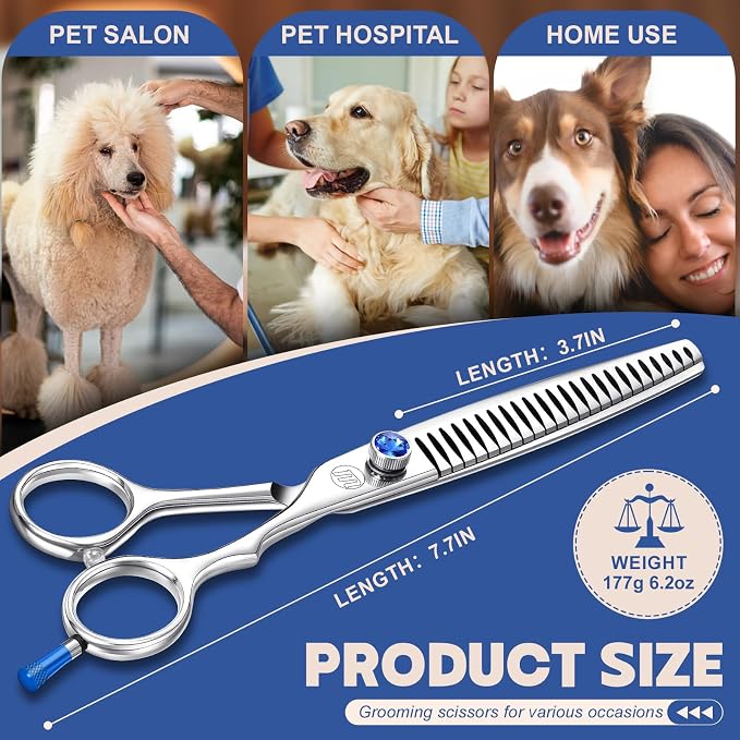 Moontay Professional Dog Grooming Straight, Curved, Thinning/Blending/Chunking Scissors Kit, JP-440C Stainless Steel Pet Cat Hair Cutting/Trimming Shears, Silver (7.5" (24-Tooth))