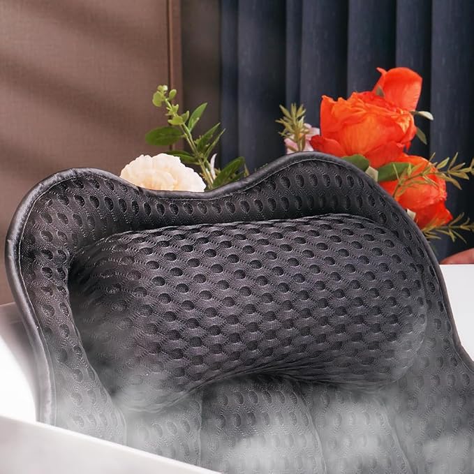 Bath Pillow for Tub, 4D Air Mesh Breathable Fabric, Soft Supportive Bathtub Cushion for Head Neck Back, Ergonomic Spa Pillow with Strong Suction Cups, Quick-Drying, Machine Washable (Black)