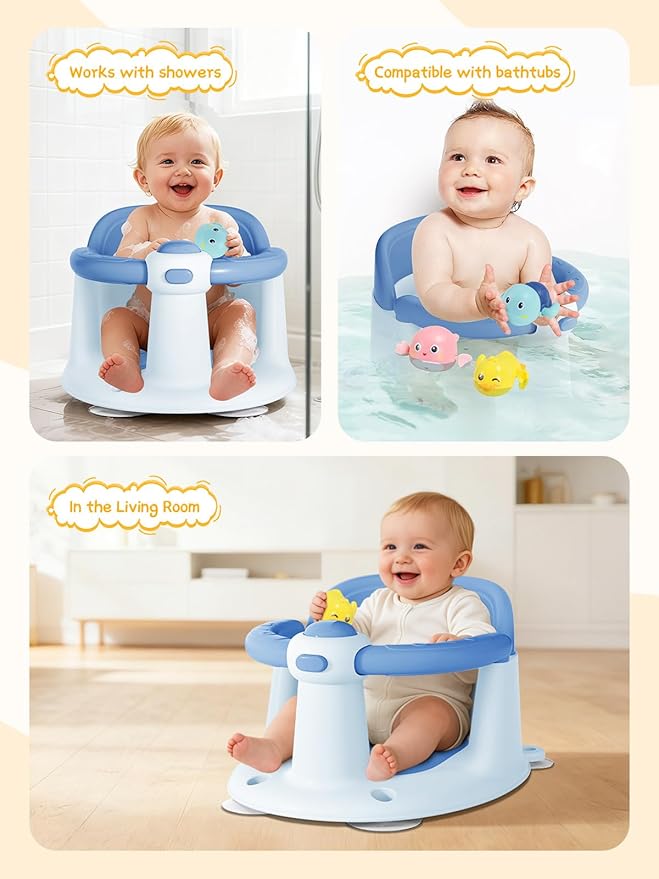 Baby Bath Seat for Babies 6 Months & Up - Bathtub Seats for Babies with 3 Baby Bath Toys, Non-Slip, Comfortable, Infant Bath Essentials-Blue