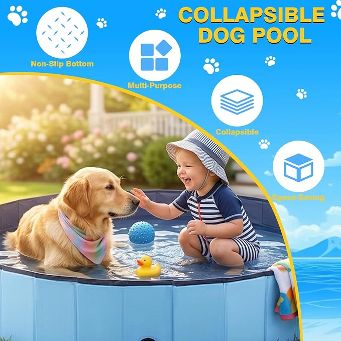 Eooqi Foldable Dog Pool, Collapsible Pet Bath Tub & Kiddie Wading Pool, Portable Hard-Side Dog Swimming Pool for Puppies, Small & Medium Dogs, Cats and Kids (Blue, 48"-L)
