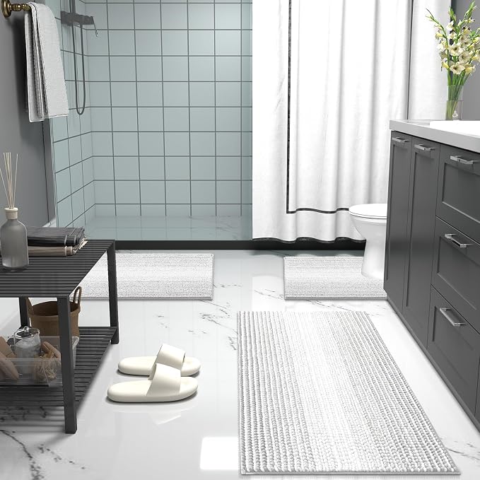 OLANLY Bathroom Runner Rugs 47x20, Extra Soft Absorbent Chenille Striped Bath Rugs, Rubber Backing, Machine Wash Dry, Long Bath Mats for Bathroom, Tub, Shower, Home Decor Accessories, Light Grey