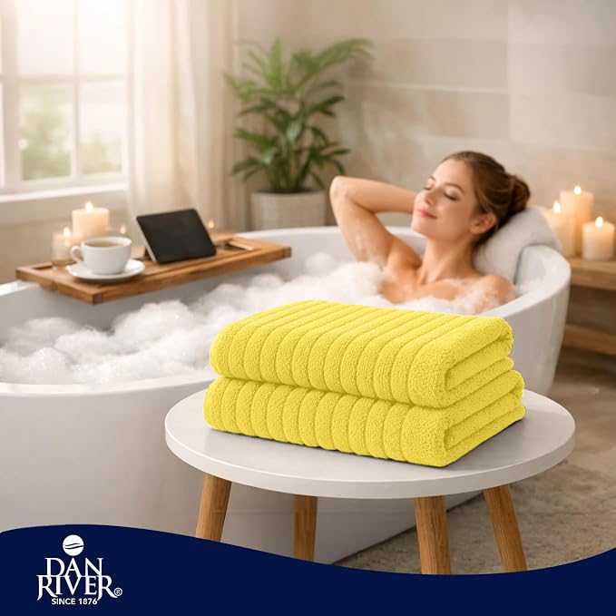 DAN RIVER Pack of 2 Bath Sheet 35x70 Inches, Ribbed Large Bath Towels Oversized for Adults, Soft and Absorbent Hotel Towels - Yellow