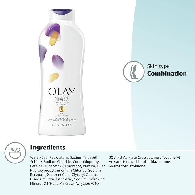 Olay Body Wash for Women,Age Defying with Vitamin E,24hr Moisturizing,Hydrating & Refreshing,B3 Vitamin Complex,Free of Parabens & Phthalates,for All Skin Types,Scented,22 fl oz,(Pack of 8)