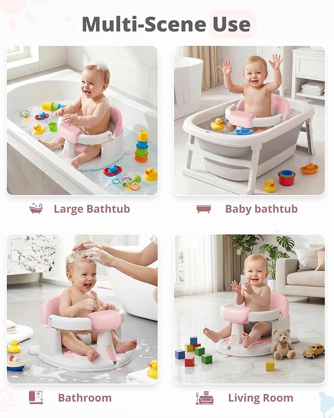 ONTHEWEI Baby Bath Seats for Babies Sitting Up, Non-Slip Baby Bathtub with 3 Suction Cups, Safe & Comfortable Toddler Bath Seat Ideal for Baby Bath/Shower Support, Stable Design, Pink (6-24 Months)