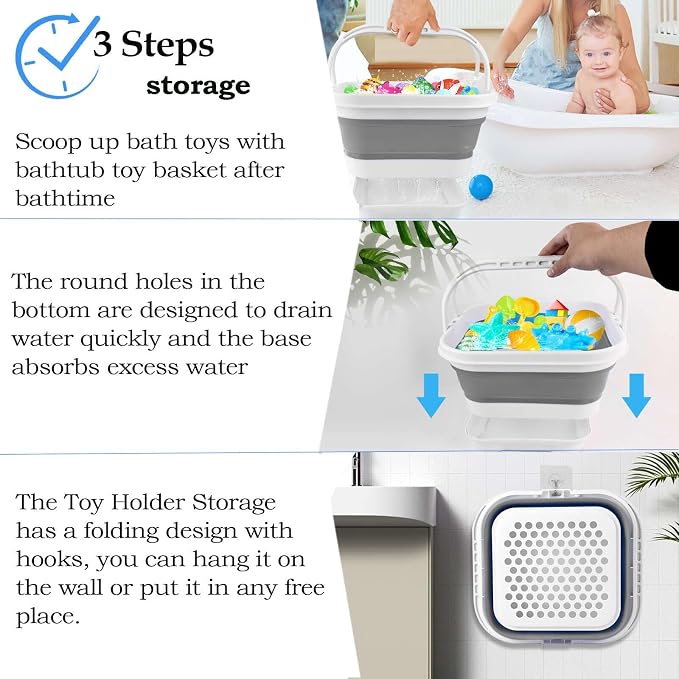 Bath Toy Storage Organizer - Foldable Bath Toy Holder for Bathtub, Bathtub Toy Storage with Removable Drying Base, Bathroom Toy Storage with 2 Hooks