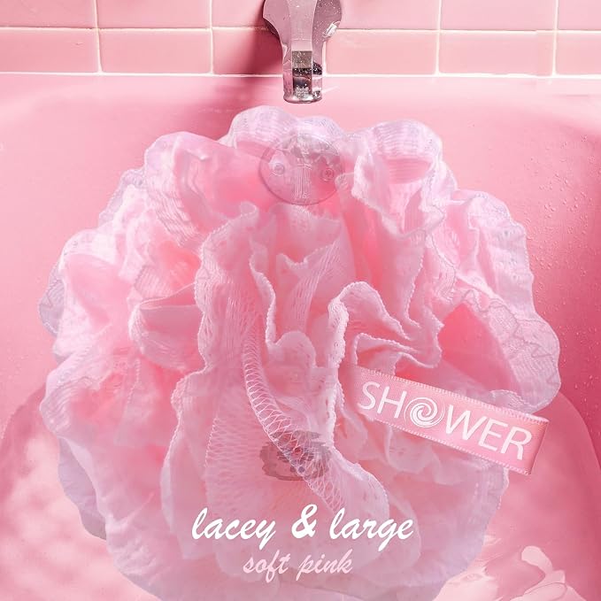 SHOWER BOUQUET Pink-Loofah-Bath-Sponge Lace-Mesh-Set // 2-Scrubs-in-1 // Large 60g Pouf (4 Pack Pink Colors) Body Luffa Loofa Loufa Puff - Exfoliate, Cleanse Skin with Luxurious Bathing Accessories