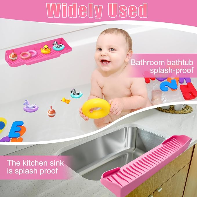 Upgrade Bathtub Splash Guard for Tub 16" x 3.5", Pletpet Silicone Splash Guard for Kids with 6 Suction Blue Cups Toy Tray Caddy Play Shelf for Kids, Bathtub Side Splash (Pink)