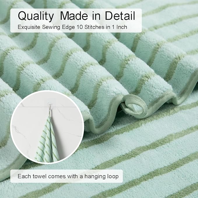 4 Pcs Green Cabana Stripe Large Bath Sheets Soft Polyester Bathroom Towels | Fluffy oversized towel with hang loops absorbent quilck dry easy replacement family dorm sets for home beach pool gym yoga