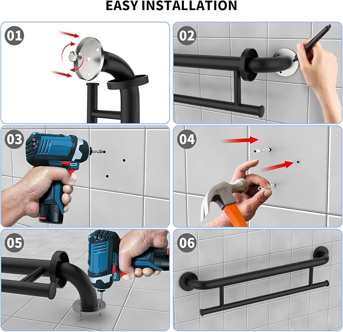 Matte Black Grab Bar 24 Inch w/Towel Holder, iHansee Stainless Steel Towel Rack Shower Support Balanced Support Handle, Wall Mount Safety Handrail Grab Rail for Elderly Senior Handicap Disabled